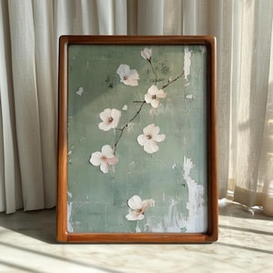 Arte de pared Wabi Sabi en color verde salvia | Arte digital Japandi de flores de cerezo