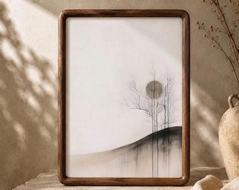 Arte de pared estilo Japandi con montaña negra, árbol solitario y luna llena, póster digital minimalista de inspiración japonesa