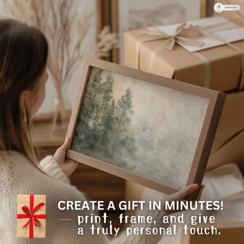 Japandi digital wall art print showcasing a serene forest in soft green tones. Perfect addition to minimalist or Wabi Sabi-style interiors. Download, print, and frame for instant nature-inspired wall decor that enhances calm and balance in your living or dining space.