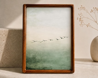 Sage Green Flying Bird Art, Elegant Minimalist Japandi Print, Wall Decor, Digital Download