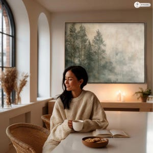 Modern printable forest wall art that embodies Japandi and Wabi Sabi aesthetics. The soft misty greens and balanced composition blend Japanese minimalism with Scandinavian simplicity. Perfect for a neutral interior or peaceful meditation corner. Instantly downloadable, ready to print and frame.
