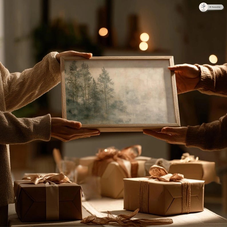 Soothing forest landscape printable art, designed in Japandi and Wabi Sabi style. Neutral green tones and soft light create a peaceful atmosphere for minimalist interiors. Perfect for eco-friendly homes and modern spaces seeking balance between simplicity and nature.