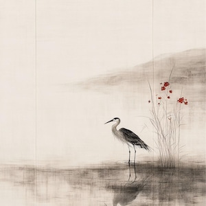 Refined Japandi digital artwork featuring a heron standing by calm waters, with delicate red flowers adding contrast. Inspired by traditional Japanese sumi-e painting and Wabi Sabi philosophy, this piece embodies balance, nature, and simplicity. Perfect for a serene, minimalist interior—ideal for bedrooms, offices, or meditation spaces. A thoughtful gift for lovers of Japanese art, zen, and tranquil decor.