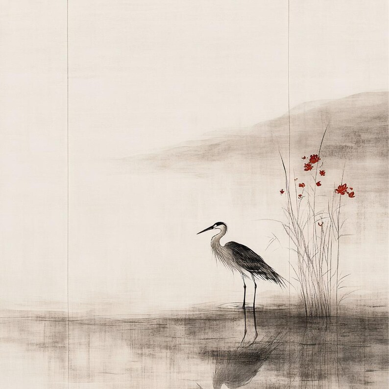 Refined Japandi digital artwork featuring a heron standing by calm waters, with delicate red flowers adding contrast. Inspired by traditional Japanese sumi-e painting and Wabi Sabi philosophy, this piece embodies balance, nature, and simplicity. Perfect for a serene, minimalist interior—ideal for bedrooms, offices, or meditation spaces. A thoughtful gift for lovers of Japanese art, zen, and tranquil decor.