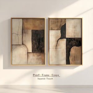 Set de Arte de Pared Japandi en Madera | Láminas Neutras Wabi Sabi (Descarga Digital)