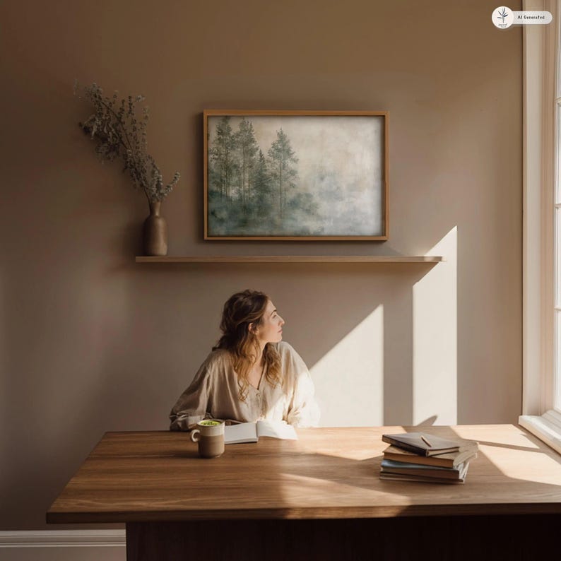 Printable forest artwork for Japandi-inspired interiors. Perfectly balanced hues of sage green and beige evoke calm and mindfulness. This digital download fits modern, Wabi Sabi, or Scandinavian home decor — ideal for a minimalist dining room, hallway, or meditation corner wall.