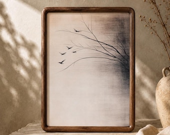 Japandi Wabi Sabi Birds Wall Art | Minimalist Japanese Digital Print | Neutral Zen Decor for Bedroom or Above Bed