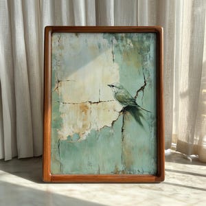 Japandi Wabi Sabi Bird Wall Art | Sage Green Textured Painting (Digital Download)