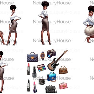 Ilustraciones de personajes femeninos elegantes y a la moda con accesorios para descarga instantánea - Diseño de clipart chic