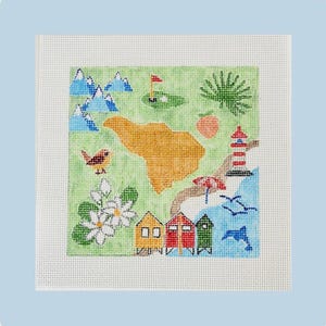 May include: A square needlepoint canvas featuring a colorful cross-stitch design of a central golden landmass surrounded by icons including blue mountains, a golf green, a palm tree, a lighthouse, beach huts, flowers, a bird, and a dolphin.
