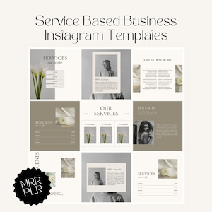 Può includere: Un set di nove modelli di Instagram per le aziende di servizi. I modelli presentano un design minimalista con una tavolozza di colori neutri di bianco, beige e grigio. I modelli includono caselle di testo per aggiungere informazioni sui servizi, curiosità e una sezione "Conosci me".
