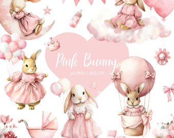 Watercolor Pink Bunny Clipart | Baby Shower Girl Clip Art | Cute Rabbit PNG Set | Nursery Decor, Invitations, Scrapbooking