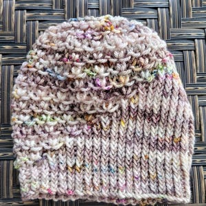 Child Size Luxury Handknit Hat, Cream Tan Brown, Ribbed Textured DK Thick Merino Wool, Dyed Wool, with Optional Faux Fur Pom Pom
