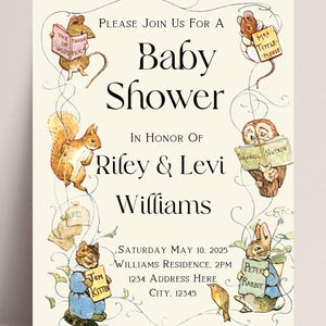 May include: A baby shower invitation featuring illustrations of characters from Beatrix Potter's children's books, including Peter Rabbit, Squirrel Nutkin, Mrs. Tiggy-Winkle, and Tom Kitten. The invitation is for Riley & Levi Williams and includes the date, time, and location of the event.