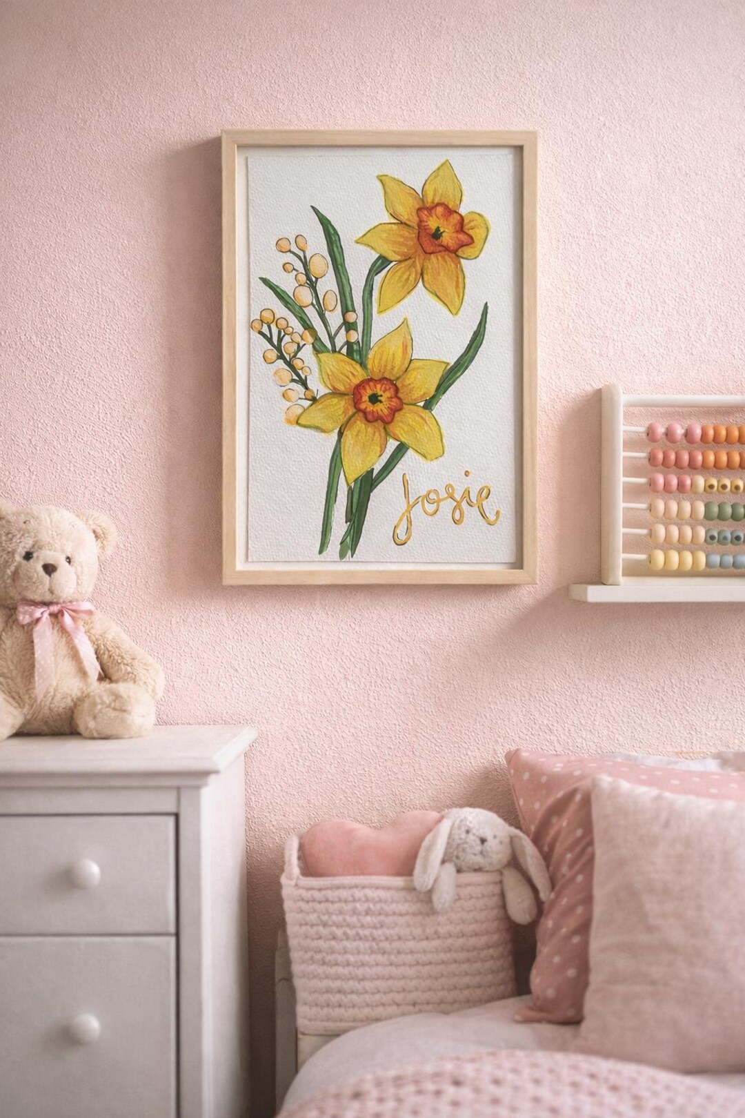 Baby Girl Birth Flower Wall Art, Watercolor Floral Nursery Painting ...