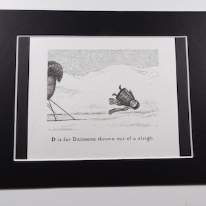 D is for Desmond - Edward Gorey, Gashlycrumb Tinies - Original Mounted Book Page, Macabre Humour Picture, 7&quot; x 9&quot;
