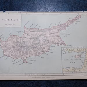 Chipre - Placa de libro victoriana original, c. 1870-90, mapa de colores antiguo