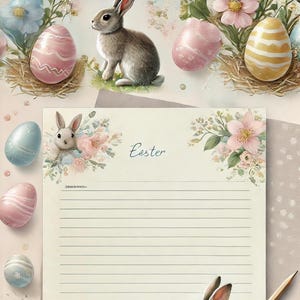 May include: Easter themed stationery featuring a light blue and white floral design with bunnies and pastel coloured eggs. The stationery has lined paper with the word "Easter" printed at the top.