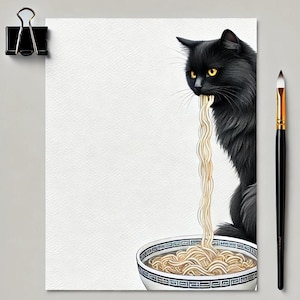 Papier à lettres avec un chat noir, chat noir mange ramen, papier notes imprimable, format A4, US, scrapbooking
