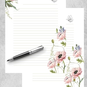 Papel floral impresso, papel de carta, papel de carta imprimível, A4, tamanhos dos EUA, papel de carta digital, papel pautado