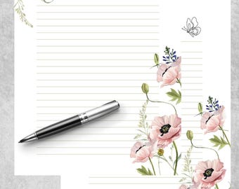 Papier imprimé floraux, papier à lettres, papier à lettres imprimable, Formats A4, US, papier à lettre numérique, papier ligné