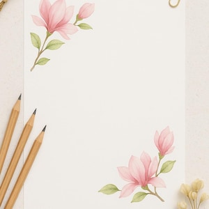 Papier à lettres Magnolia avec et sans lignes à imprimer, papeterie florale digitale aquarelle, format A4, US