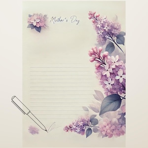 Papier à lettres avec lilas, aquarelle, fête des mères, format US, A4, papier à écrire, notes
