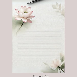 Papier à lettres avec un lotus aquarelle, papier à lettres lignés, Format US, A4, papier notes, papier imprimable