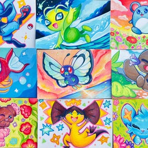 Könnte beinhalten: Eine Sammlung von neun farbenfrohen, handgemalten Illustrationen mit verschiedenen Zeichentrickfiguren. Die Kunstwerke zeigen diverse Charaktere, darunter ein blaues hundeartiges Wesen, eine grüne feenartige Figur, eine blaue Maus, einen roten Fisch und einen Schmetterling.