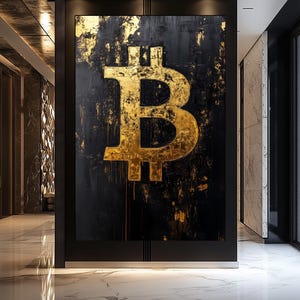Bitcoin Abstract Art: Black & Gold Framed Canvas