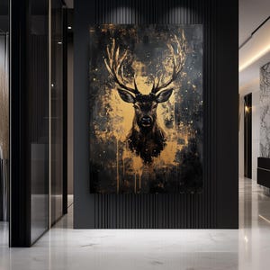 Deer Framed Canvas Wall Art – Black and Gold Animal Print, Luxury Wildlife Decor, Abstract Wall Art, Modern Gold Accent for Home