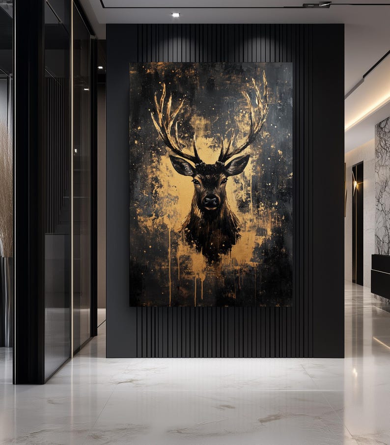 Deer Framed Canvas Wall Art – Black and Gold Animal Print, Luxury Wildlife Decor, Abstract Wall Art, Modern Gold Accent for Home