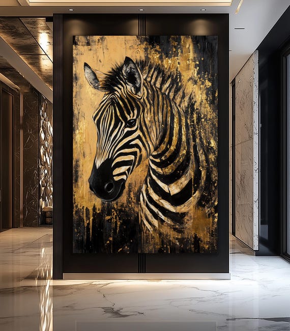 Zebra Wall Art – Black and Gold Abstract Animal Canvas Print, Luxury Modern Wall Decor, Elegant Safari Artwork, Statement Home Design