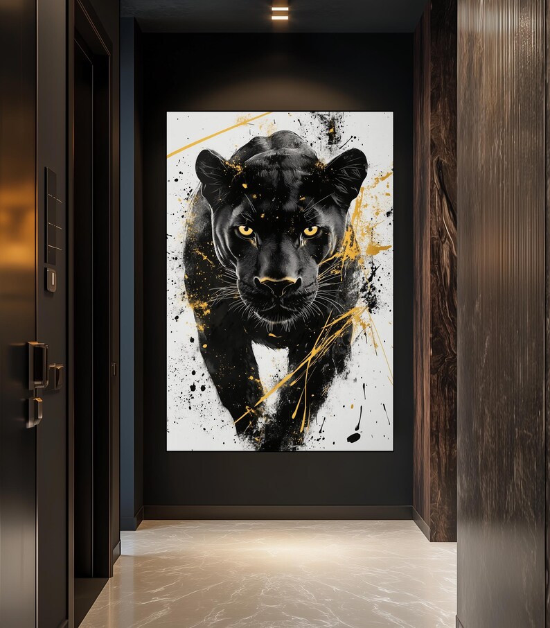 Black Panther Digital Print – Black and Gold Abstract Wall Art, Panther Poster, Modern Home Decor, Wildlife Art, Printable Jungle Artwork