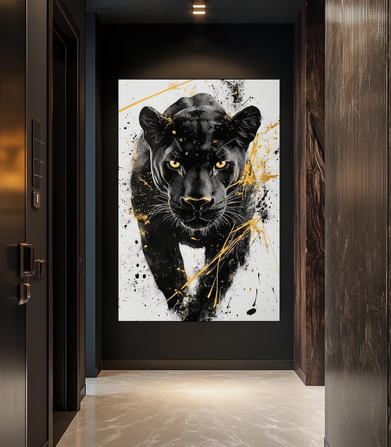 Black Panther Framed Canvas – Abstract Wall Art, Black and Gold Panther Painting, Large Digital Print, Modern Panther Wall Art
