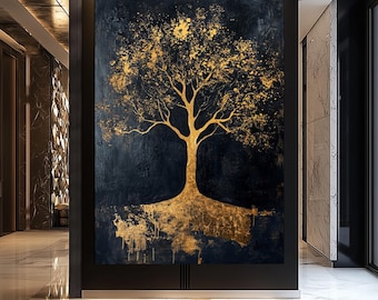 Tree of Life Wall Art – Black and Gold Canvas Print, Abstract Spiritual Design, Luxury Nature Poster, Modern Home Decor