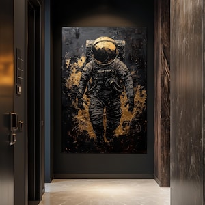 Astronaut Abstract Art Digital Print – Black and Gold Space Wall Art, Astronaut Painting, Modern Space Decor, Printable Astronaut Art