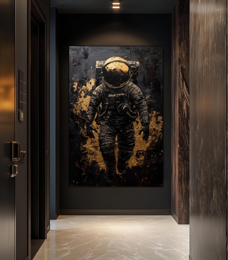 Astronaut Abstract Art Digital Print – Black and Gold Space Wall Art, Astronaut Painting, Modern Space Decor, Printable Astronaut Art