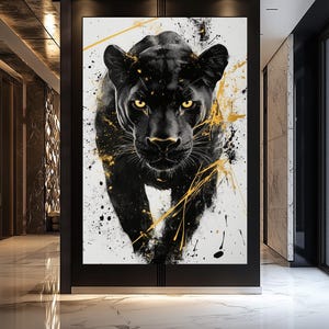 Black Panther Framed Canvas – Abstract Wall Art, Black and Gold Panther Painting, Large Digital Print, Modern Panther Wall Art