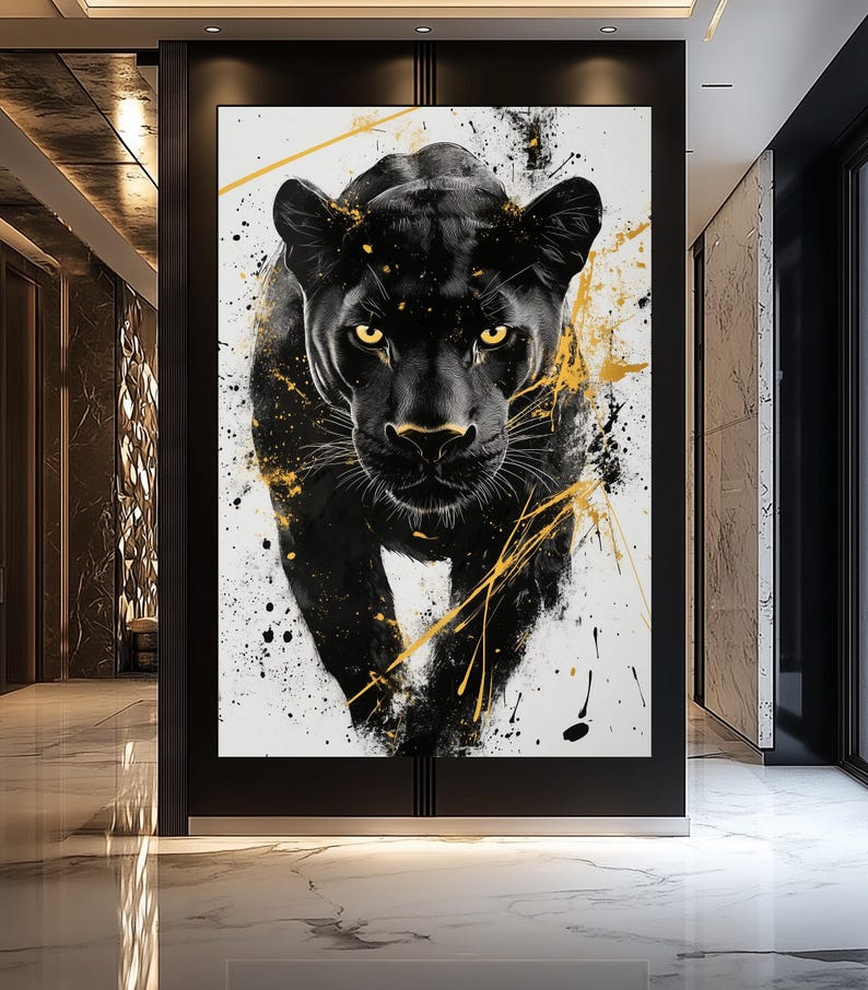Black Panther Framed Canvas – Abstract Wall Art, Black and Gold Panther Painting, Large Digital Print, Modern Panther Wall Art
