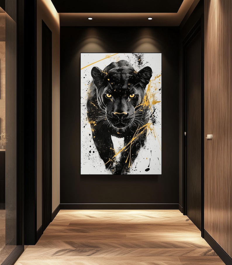 Black Panther Digital Print – Black and Gold Abstract Wall Art, Panther Poster, Modern Home Decor, Wildlife Art, Printable Jungle Artwork