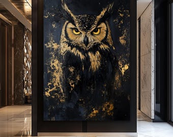 Impression d'art hibou noir et or – décoration d'intérieur bohème mystique (téléchargement numérique)
