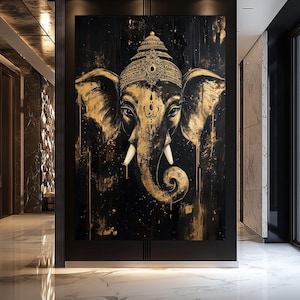 Lord Ganesha Framed Canvas – Black and Gold Hindu Wall Art, Ganesh Painting, Spiritual Home Decor, Elephant God Print, Vastu Artwork