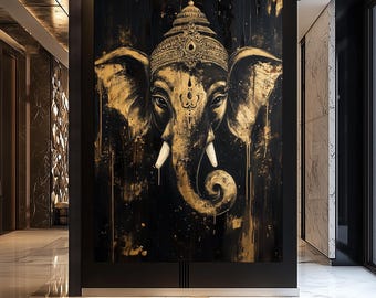 Ganesh Wall Art Canvas Print, Ganesha Black and Gold Elephant Hindu Poster, Luxury Spiritual Decor for Meditation Room, Yoga Studio
