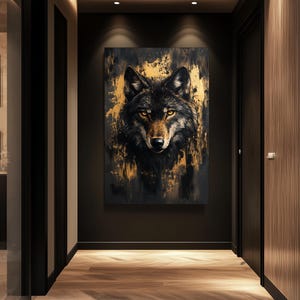 Wolf Framed Canvas Wall Art – Black and Gold Animal Print, Luxury Wildlife Decor, Abstract Wall Art, Modern Gold Accent for Home