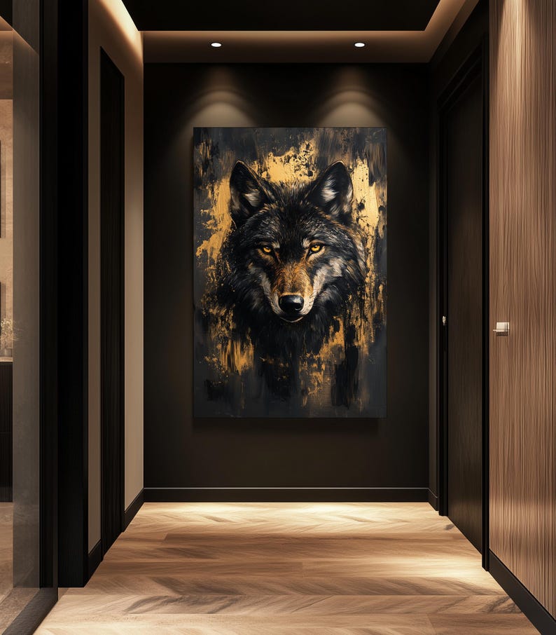 Wolf Framed Canvas Wall Art – Black and Gold Animal Print, Luxury Wildlife Decor, Abstract Wall Art, Modern Gold Accent for Home