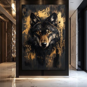 Wolf Framed Canvas Wall Art – Black and Gold Animal Print, Luxury Wildlife Decor, Abstract Wall Art, Modern Gold Accent for Home