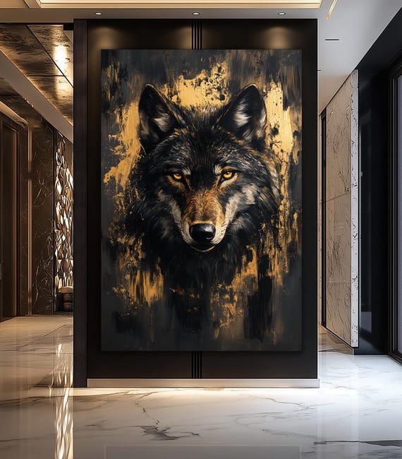 Wolf Wall Art Print on Canvas, Black and Gold Animal Artwork, Luxury Modern Home Decor for Living Room, Bedroom or Office