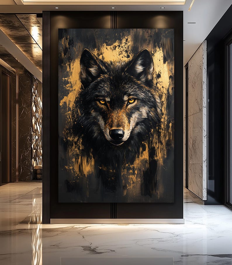 Wolf Framed Canvas Wall Art – Black and Gold Animal Print, Luxury Wildlife Decor, Abstract Wall Art, Modern Gold Accent for Home
