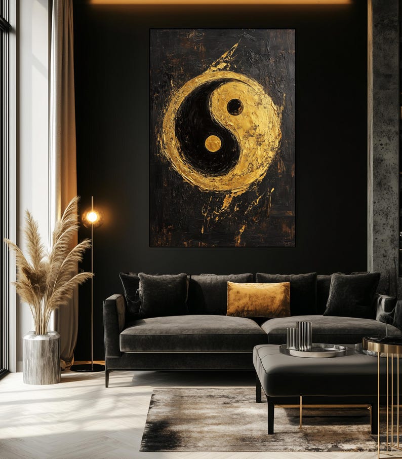 Ying Yan Framed Canvas Wall Art – Black and Gold Art, Luxury Home Decor, Abstract Wall Art, Yin Yang Art, Gold Wall Prints, Spiritual Art